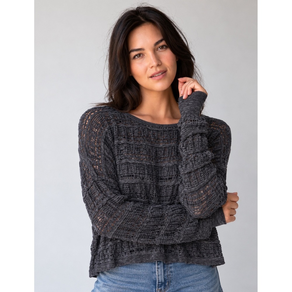 NWOT Natural Life Emily Layering Sweater L Gray Open Knit Cropped Boho Chic Slub